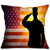 Proud Saluting Male Army Soldier On American Flag Background Pillows 57430051