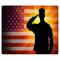 Proud Saluting Male Army Soldier On American Flag Background Rugs 57430051