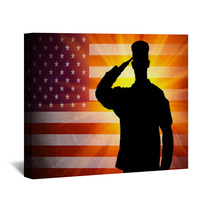 Proud Saluting Male Army Soldier On American Flag Background Wall Art 57430051