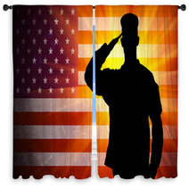 Proud Saluting Male Army Soldier On American Flag Background Window Curtains 57430051