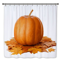 Pumpkin With Dry Autumn Leaves On White Background Bath Decor 70365751