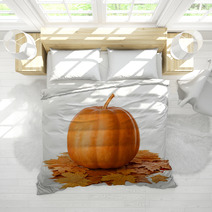 Pumpkin With Dry Autumn Leaves On White Background Bedding 70365751