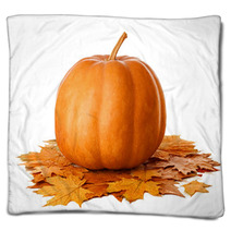 Pumpkin With Dry Autumn Leaves On White Background Blankets 70365751