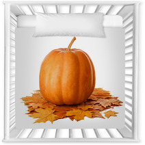 Pumpkin With Dry Autumn Leaves On White Background Nursery Decor 70365751
