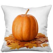 Pumpkin With Dry Autumn Leaves On White Background Pillows 70365751