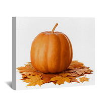 Pumpkin With Dry Autumn Leaves On White Background Wall Art 70365751