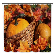 Pumpkins In Basket And Colorful Autumn Leaves Bath Decor 53871345
