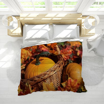 Pumpkins In Basket And Colorful Autumn Leaves Bedding 53871345