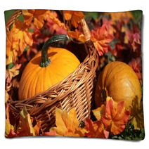 Pumpkins In Basket And Colorful Autumn Leaves Blankets 53871345