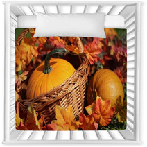 Pumpkins In Basket And Colorful Autumn Leaves Nursery Decor 53871345