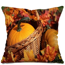 Pumpkins In Basket And Colorful Autumn Leaves Pillows 53871345