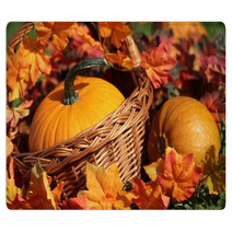 Pumpkins In Basket And Colorful Autumn Leaves Rugs 53871345