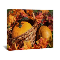 Pumpkins In Basket And Colorful Autumn Leaves Wall Art 53871345