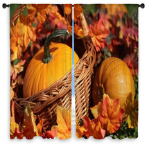 Pumpkins In Basket And Colorful Autumn Leaves Window Curtains 53871345