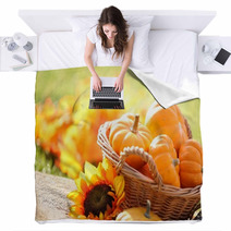 Pumpkins In Basket And Decorative Corns Blankets 53958058