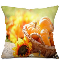 Pumpkins In Basket And Decorative Corns Pillows 53958058