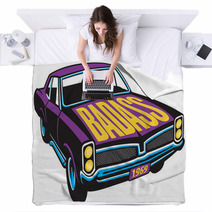 Purple Vintage Car With Badass Painted On The Hood Blankets 125911013