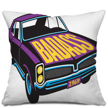 Purple Vintage Car With Badass Painted On The Hood Pillows 125911013