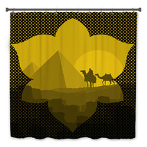 Pyramids And Camel Caravan In Wild Africa Landscape Illustration Bath Decor 37591221