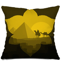 Pyramids And Camel Caravan In Wild Africa Landscape Illustration Pillows 37591221