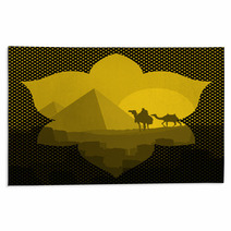 Pyramids And Camel Caravan In Wild Africa Landscape Illustration Rugs 37591221