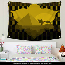 Pyramids And Camel Caravan In Wild Africa Landscape Illustration Wall Art 37591221