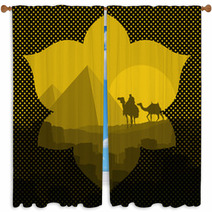 Pyramids And Camel Caravan In Wild Africa Landscape Illustration Window Curtains 37591221