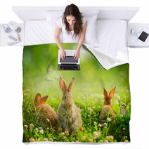 Rabbits. Art Design Of Cute Little Easter Bunnies In The Meadow Blankets 54197141
