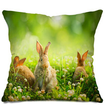 Rabbits. Art Design Of Cute Little Easter Bunnies In The Meadow Pillows 54197141