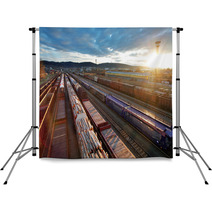 Railway At Sunset With Cargo Trains. Backdrops 66837683