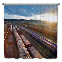 Railway At Sunset With Cargo Trains. Bath Decor 66837683