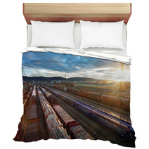 Railway At Sunset With Cargo Trains. Bedding 66837683