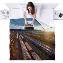 Railway At Sunset With Cargo Trains. Blankets 66837683