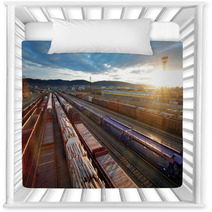 Railway At Sunset With Cargo Trains. Nursery Decor 66837683