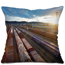 Railway At Sunset With Cargo Trains. Pillows 66837683