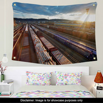 Railway At Sunset With Cargo Trains. Wall Art 66837683