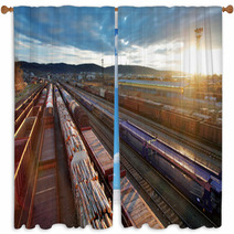 Railway At Sunset With Cargo Trains. Window Curtains 66837683
