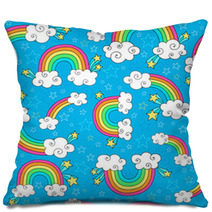 Rainbows Sky And Clouds Seamless Groovy Vector Pattern Pillows 49893346