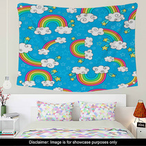 Rainbows Sky And Clouds Seamless Groovy Vector Pattern Wall Art 49893346