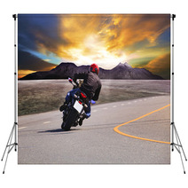 Rear View Of Young Man Riding Motorcycle In Asphalt Road Curve W Backdrops 65917944