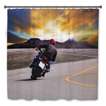 Rear View Of Young Man Riding Motorcycle In Asphalt Road Curve W Bath Decor 65917944