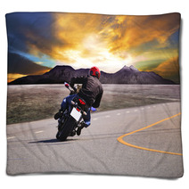 Rear View Of Young Man Riding Motorcycle In Asphalt Road Curve W Blankets 65917944