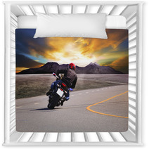 Rear View Of Young Man Riding Motorcycle In Asphalt Road Curve W Nursery Decor 65917944