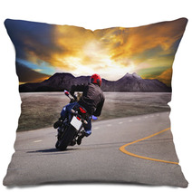 Rear View Of Young Man Riding Motorcycle In Asphalt Road Curve W Pillows 65917944