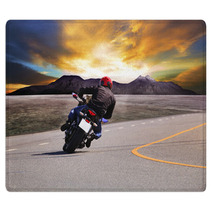 Rear View Of Young Man Riding Motorcycle In Asphalt Road Curve W Rugs 65917944