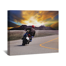 Rear View Of Young Man Riding Motorcycle In Asphalt Road Curve W Wall Art 65917944