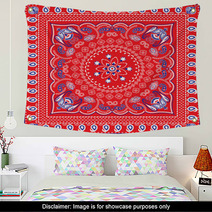 Red, Blue & White Retro Patterned Bandana Or Head Scarf Wall Art 57542314