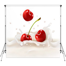 Red Cherries Fruits Falling Into The Milky Splash. Vector Illust Backdrops 55382168