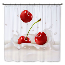 Red Cherries Fruits Falling Into The Milky Splash. Vector Illust Bath Decor 55382168