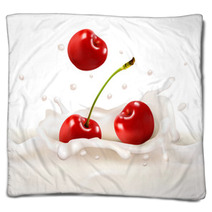 Red Cherries Fruits Falling Into The Milky Splash. Vector Illust Blankets 55382168